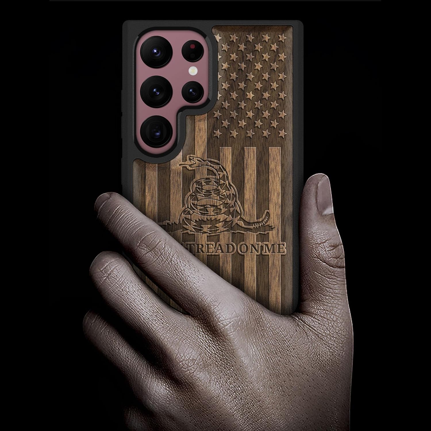 Carveit Wood Case for Galaxy S22 Ultra Case [Natural Wood & Black Soft TPU] Shockproof Protective Cover Unique & Classy Wooden Design Compatible with Samsung S22 Ultra (Gadsden Flag-Walnut)