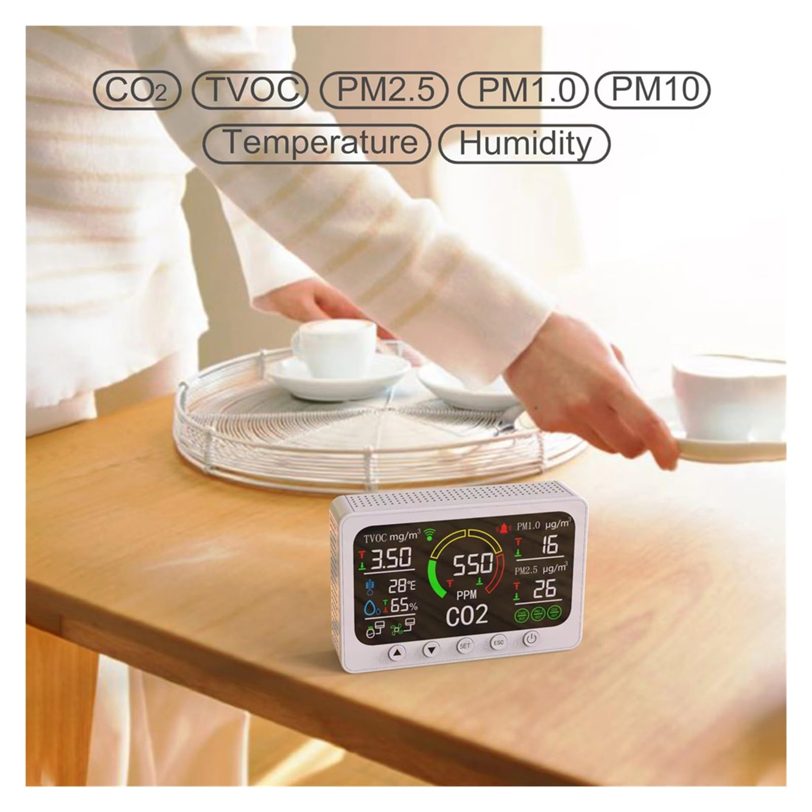 Monitor jakości powietrza w pomieszczeniach, Inteligentny Monitor jakości powietrza Miernik CO2 Cyfrowy Tester czujnika temperatury i wilgotności PM2.5 PM1.0 Detektor formaldehydu do domu, biura, szko