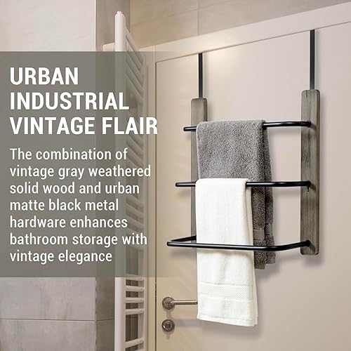 Miniatura 9 de MyGift Toallero para colgar sobre la puerta del baño, organizador rústico de almacenamiento de toallas de madera maciza quemada, barra de toalla de