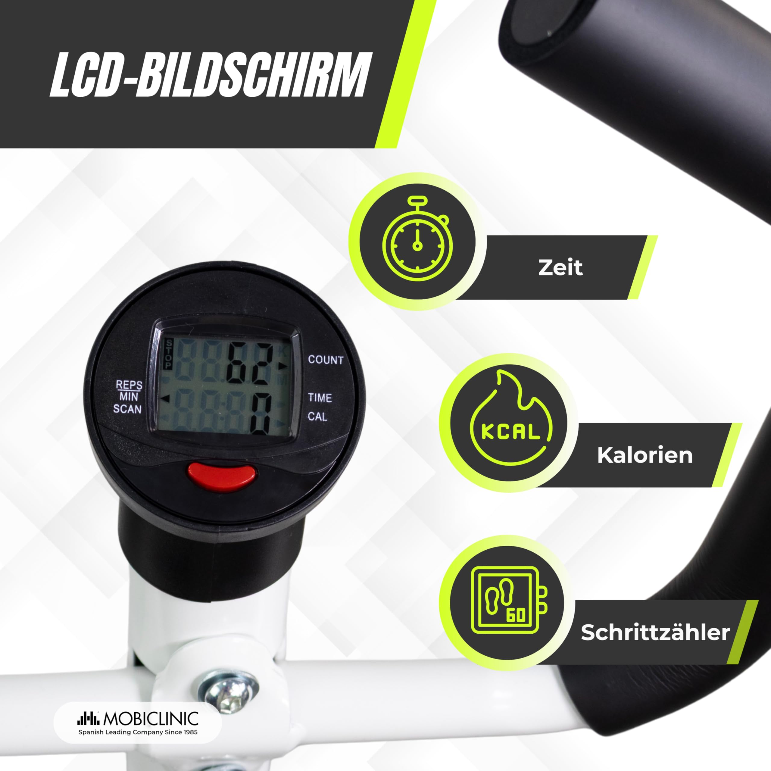 Mobiclinic®, Stepper mit Lenker, Höhenverstellbar, LCD-Monitor, Einstellbare Intensität, rutschfeste Pedale, Step-by-Step-Maschine, Kompakt, Heimtraining, Step-Pro