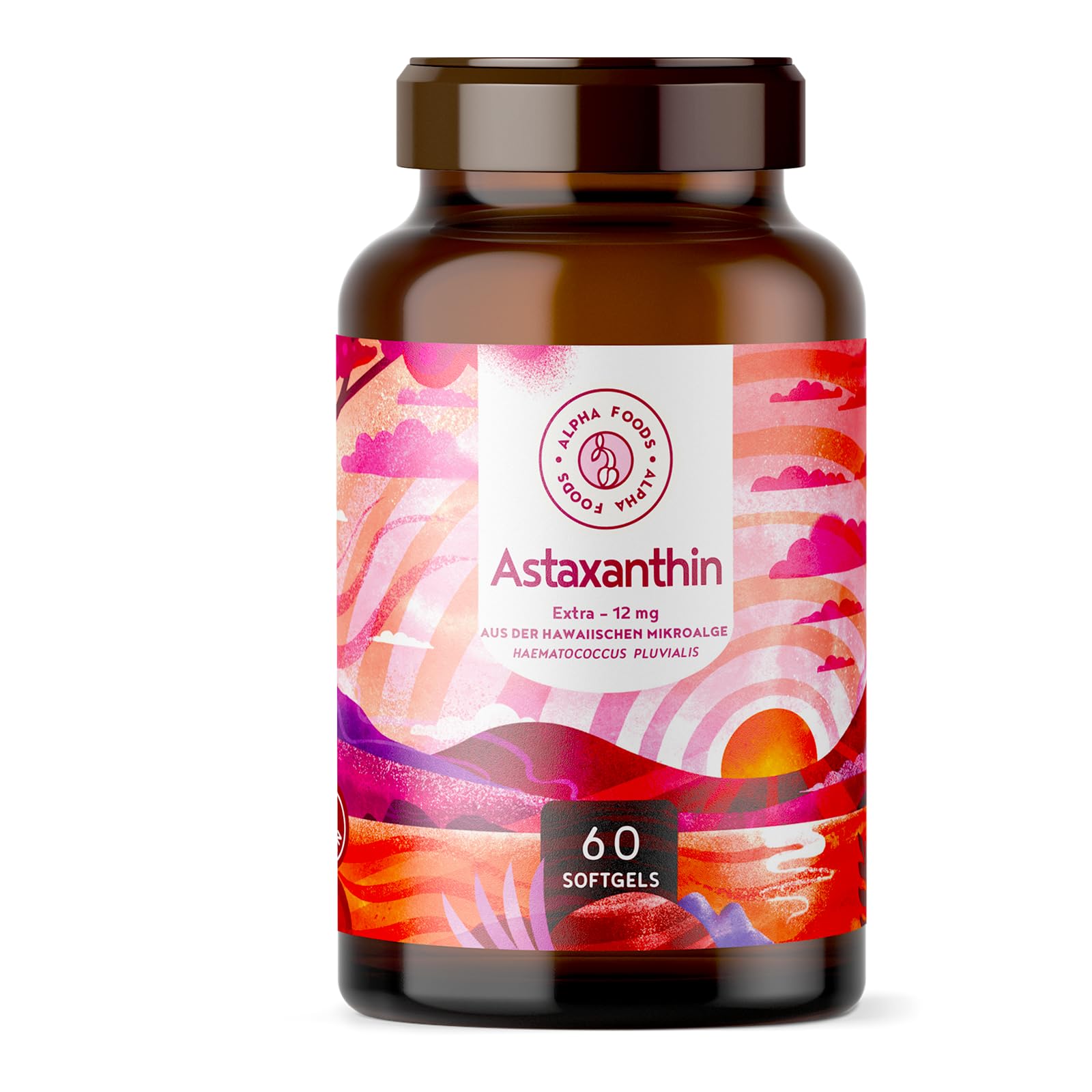 Alpha Foods Astaxanthin Hochdosiert 12mg, 60 Depot Softgel Kapseln (4 Monate Vorrat, 1 Kapsel jeden zweiten Tag), Haematococcus Pluvialis, vegan, hohe Bioverfügbarkeit