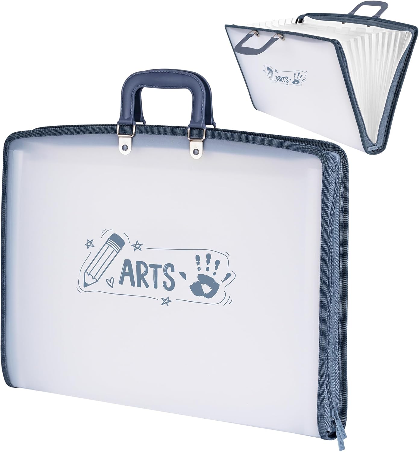 11x17 Accordion File Organizer with 13 Pockets, Art Portfolio with Handle & Zipper Closure, Oxford-Trimmed Frosted Translucent Style (1-Pack)