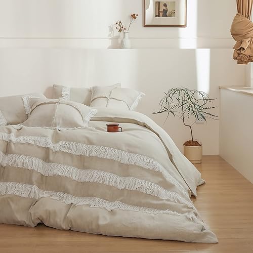 Miniatura 1 de Simple&Opulence Juego de funda de edredón de lino bohemio con flecos de borlas, juego de edredón de mezcla de algodón de lino de macramé de 3