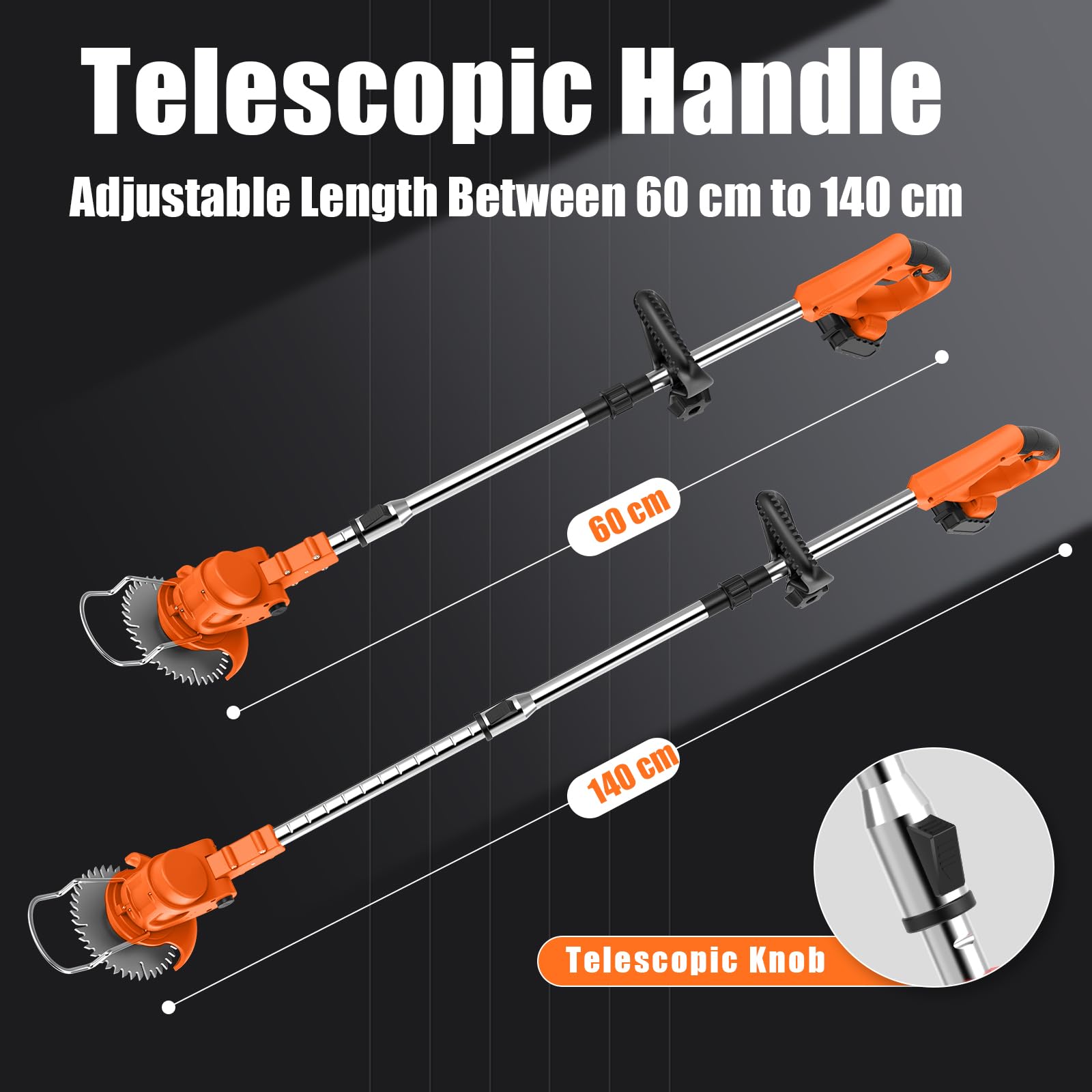 Cordless Strimmer with 4 Blades and 2 x 21V 2000mAh Battery, Garden Strimmer with Foldable Design and Adjustable Telescopic Shaft, Grass Trimmer for Lawn, Bushes and Yard - Orange — view 6