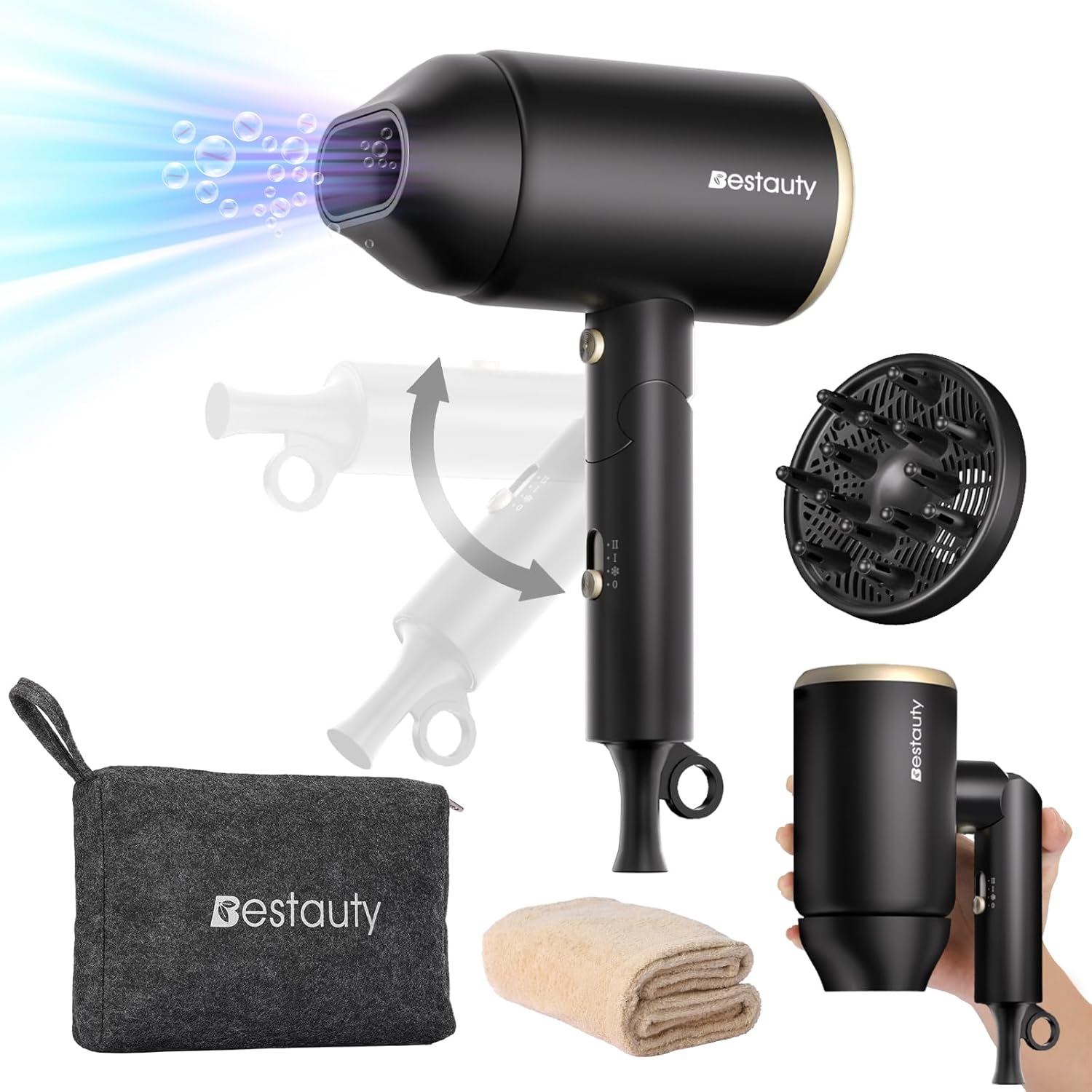 Bestauty Opvouwbare reisföhn met diffuser, professionele ionische föhn 2000W, 3 temperaturen, 2 snelheden [koude luchtknop], kleine, lichte en krachtige miniföhn, zwartgoud