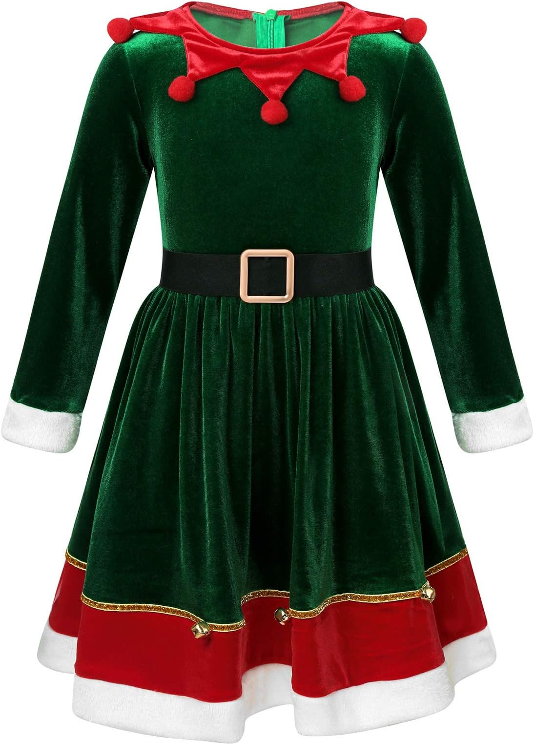Freebily Kids Girls Christmas Dance Costume Soft Velvet Long Sleeves Clown Collar Bells Back Zipper Long Dress Gown