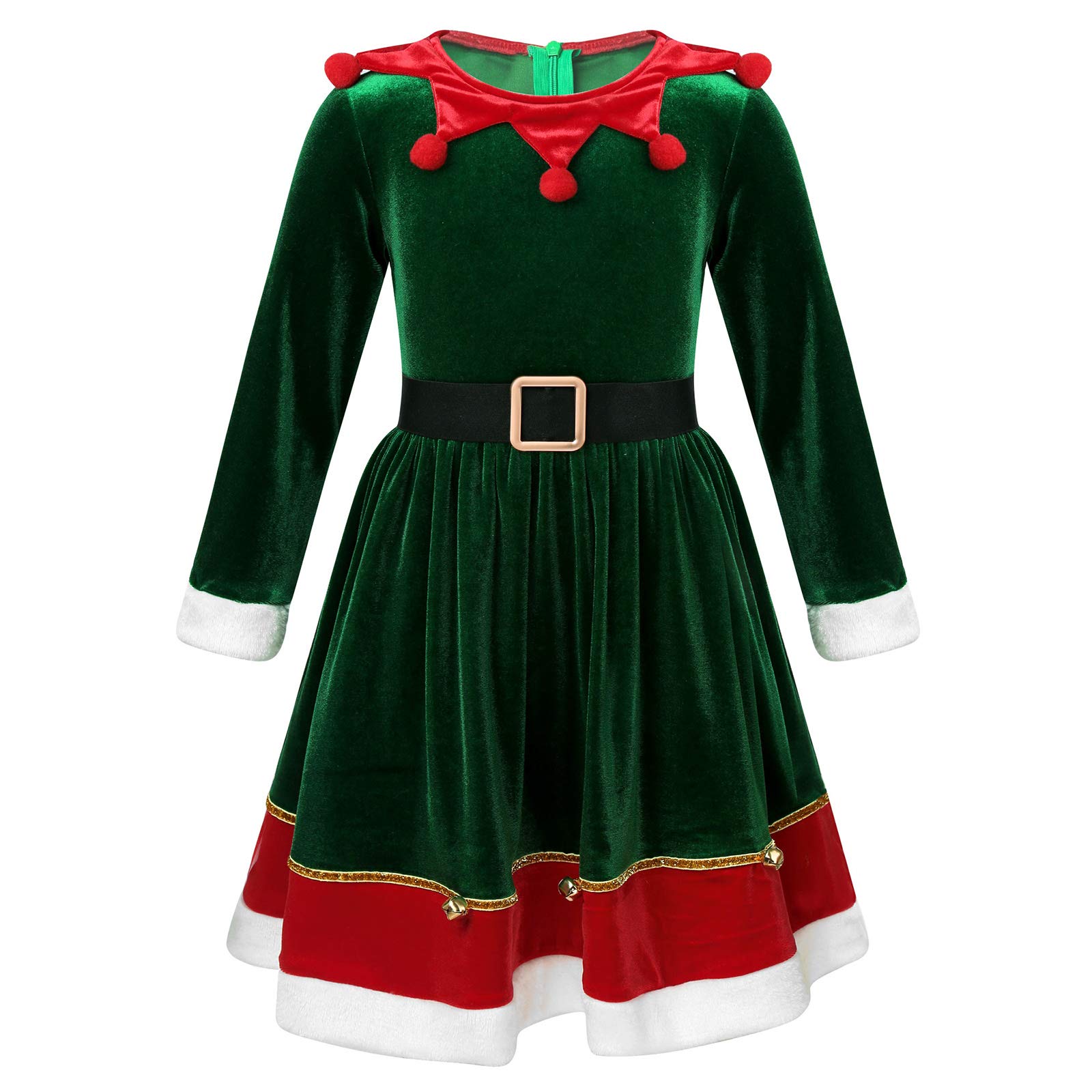 Freebily Kids Girls Christmas Dance Costume Soft Velvet Long Sleeves Clown Collar Bells Back Zipper Long Dress Gown