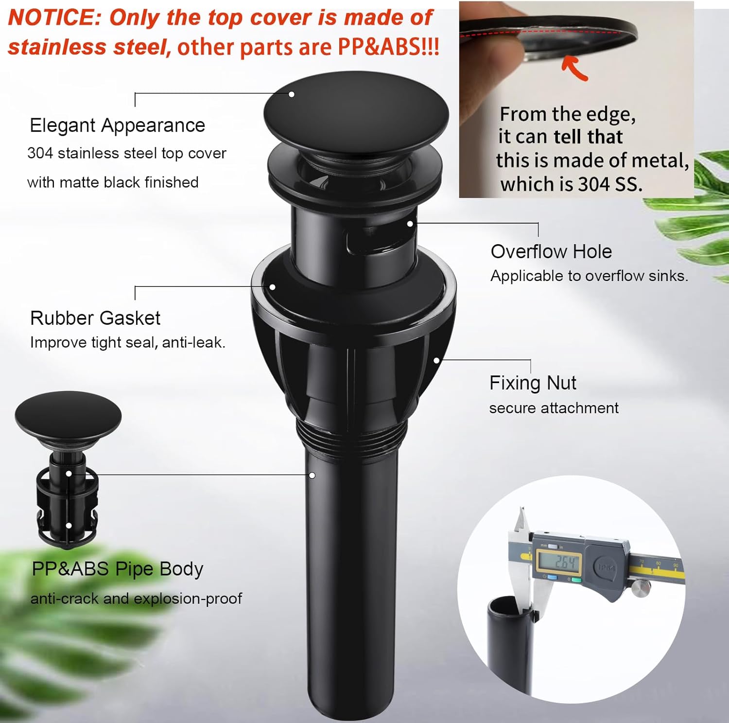Bathroom Sink Drain, Pop Up Drain Stopper with Overflow, Lavatory Vanity Vessel Sink Drain Assembly, Matte Black