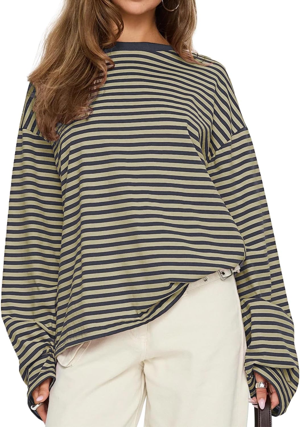 CHYRII Women Oversized Striped Long Sleeve T Shirt Fashion 2026 Crewneck Casual Fall Spring Tops Y2K Clothes