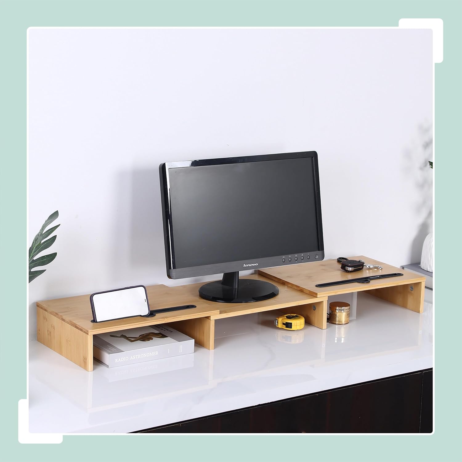 Relaxdays Monitor Stand, 2 Monitors, Extendable Segments, Width 74-105 cm, Ergonomic PC Shelf Made of Bamboo, Natural