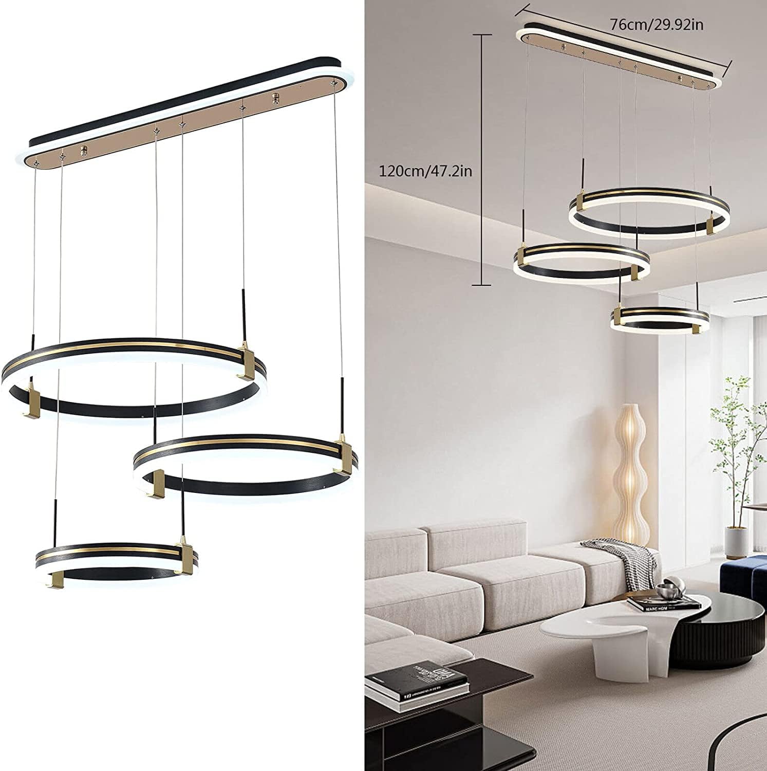 Lustre LED Moderne 3 Anneaux Noir 105W - Dimmable Avec Télécommande - Neuf