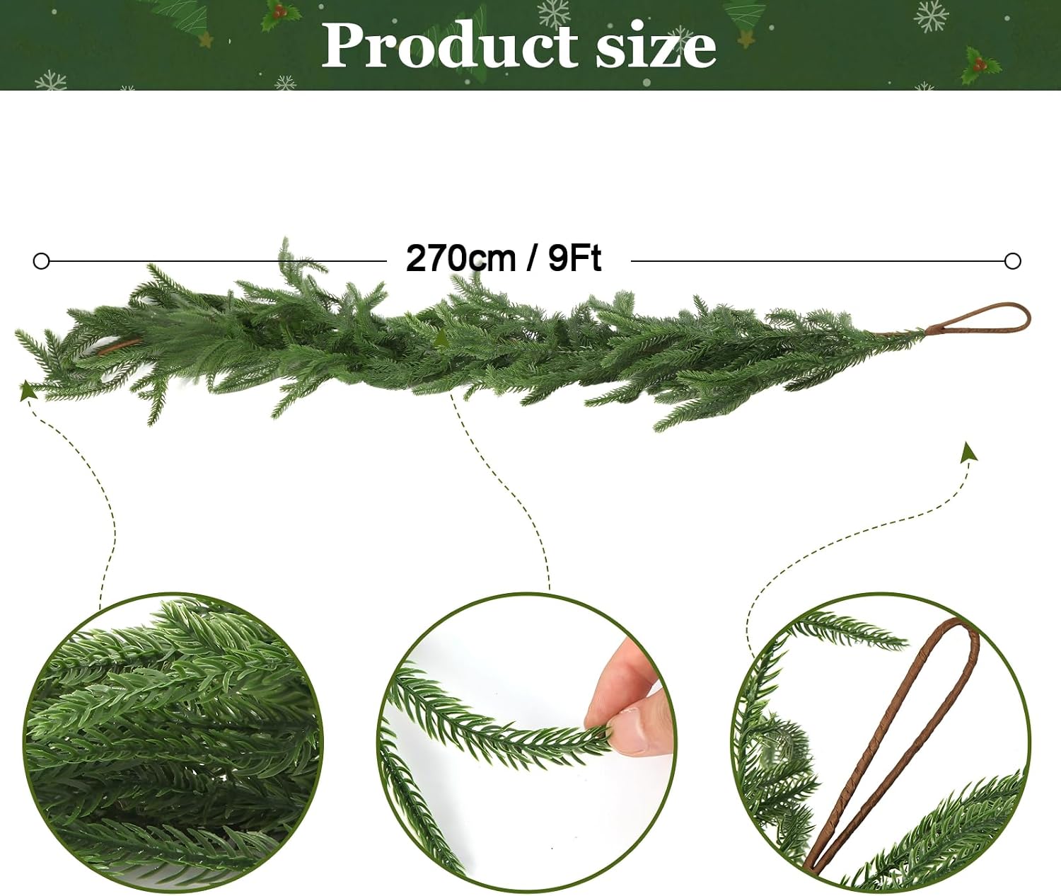 2Pcs 9FT Artificial Norfolk Pine Garland, Christmas Real Touch Winter Pine Garlands Realistic, Green Greenery Garland for Mantle, Stairs, Fireplace, Wall, Door, Table, Indoor Holiday Xmas Decortions