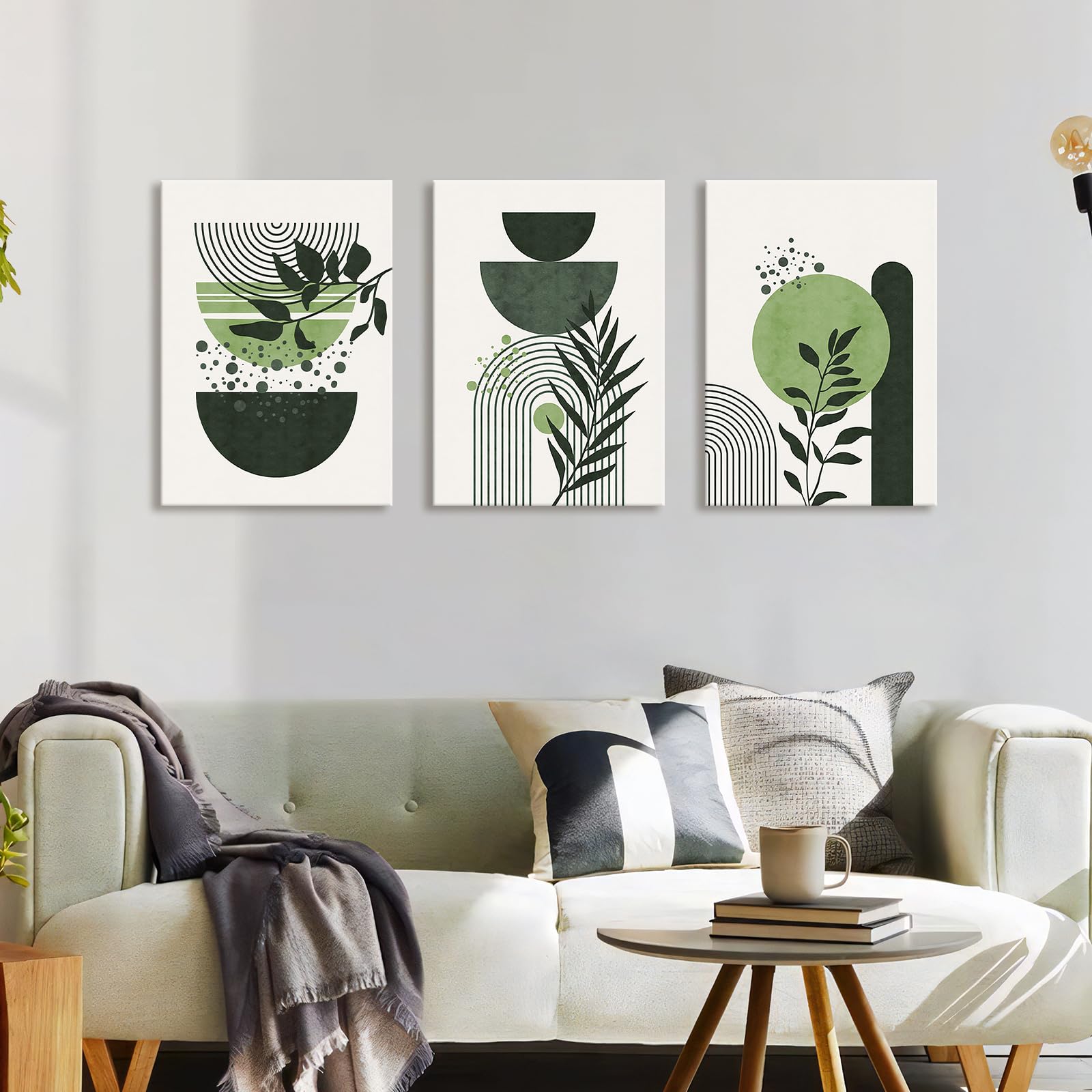 3 Pcs Wooden Framed Canvas Wall Art Set Bohemian Sage Green Canvas Prints Poster Geometric Line Beige Green Pictures for Living Room Bedroom Dinning Room Hallway Stairs Wall Decor 30x40cm x3pcs — view 274