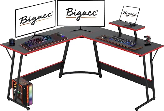 L Shaped Gaming Desk, 50" Corner Desk, Spacious Dual Tops, P2 Particleboard, Metal Z-Legs, Adjustable Non-Slip Pads, Scratch/Waterproof, Multi-Use Home Office/Game Room/Dorm