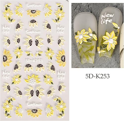 Miniatura 5 de Calcomanías de arte de uñas de girasol en relieve 5D, calcomanías autoadhesivas para uñas de flores grabadas florales de verano, calcomanías de uñas