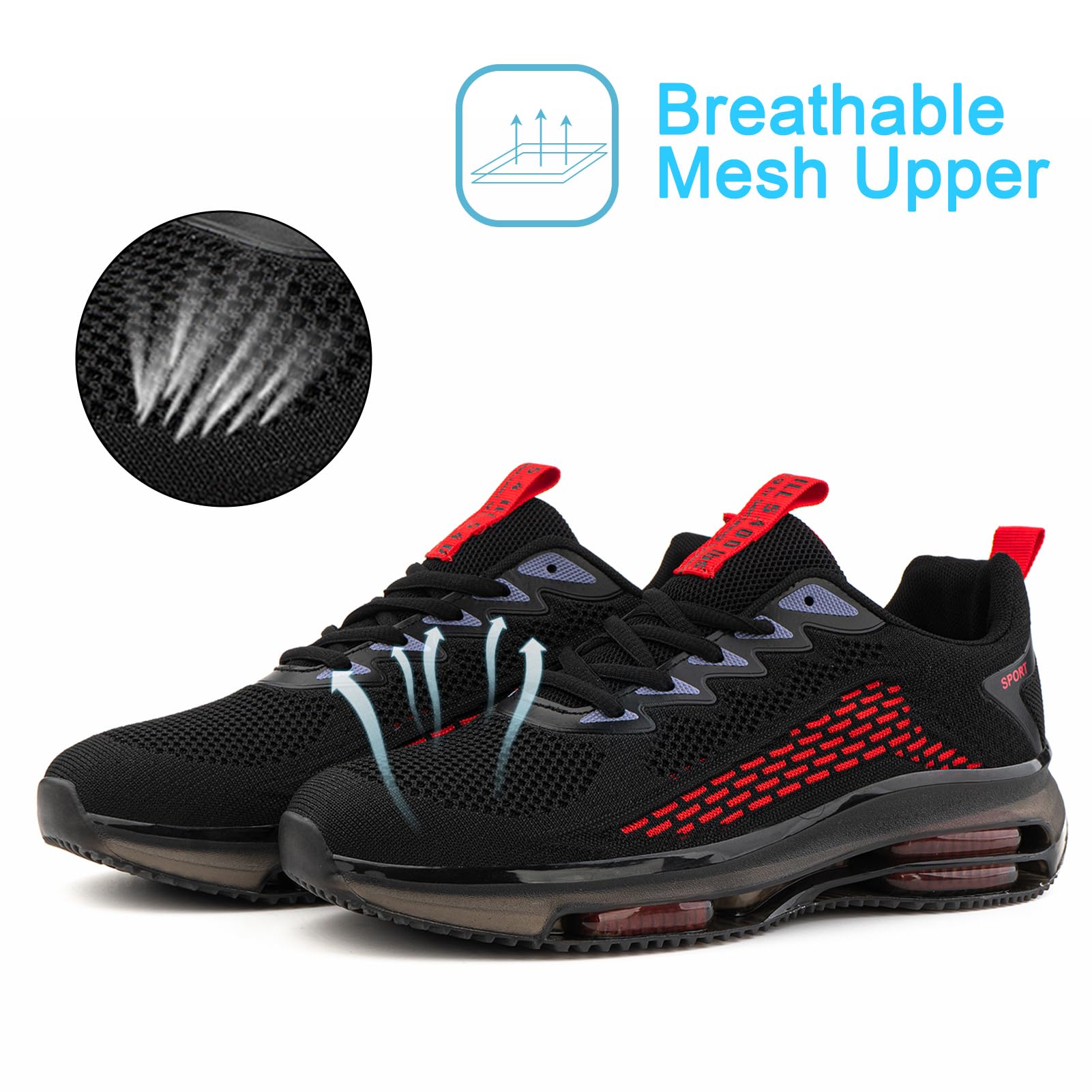 Scarpe Running Uomo Scarpe Sportive Corsa Ginnastica Palestra Sneakers Cuscino d'Aria Traspirante Mesh Antiscivolo Nero Blu Nero e Rosso 39-48