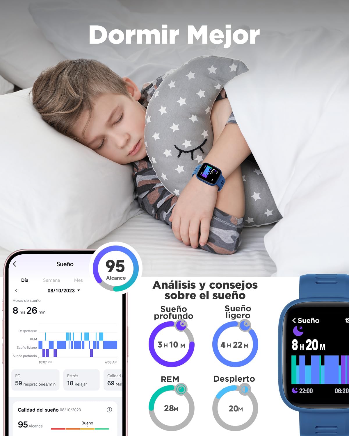 BIGGERFIVE Pulsera Actividad Niños Niñas 5-16, 1,8" Reloj Inteligente Podómetro, Frecuencia Cardíaca, Resistente al Agua IP68, Monitor de Sueño, Despertador, Juegos de Rompecabezas con/sin App