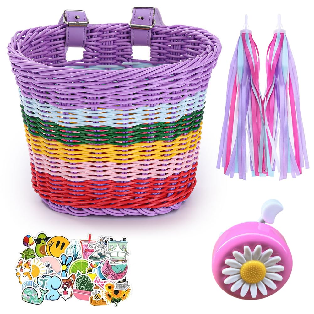 Hojalis Kids Bike Basket, Bike Basket Front Kids, Handwoven BikeBasket with Spare Leather Straps, Cute Sticker, Bike Tassels and Bike Bell, Coloured Scooter Basket, Bicycle Accessories for Kid Girls