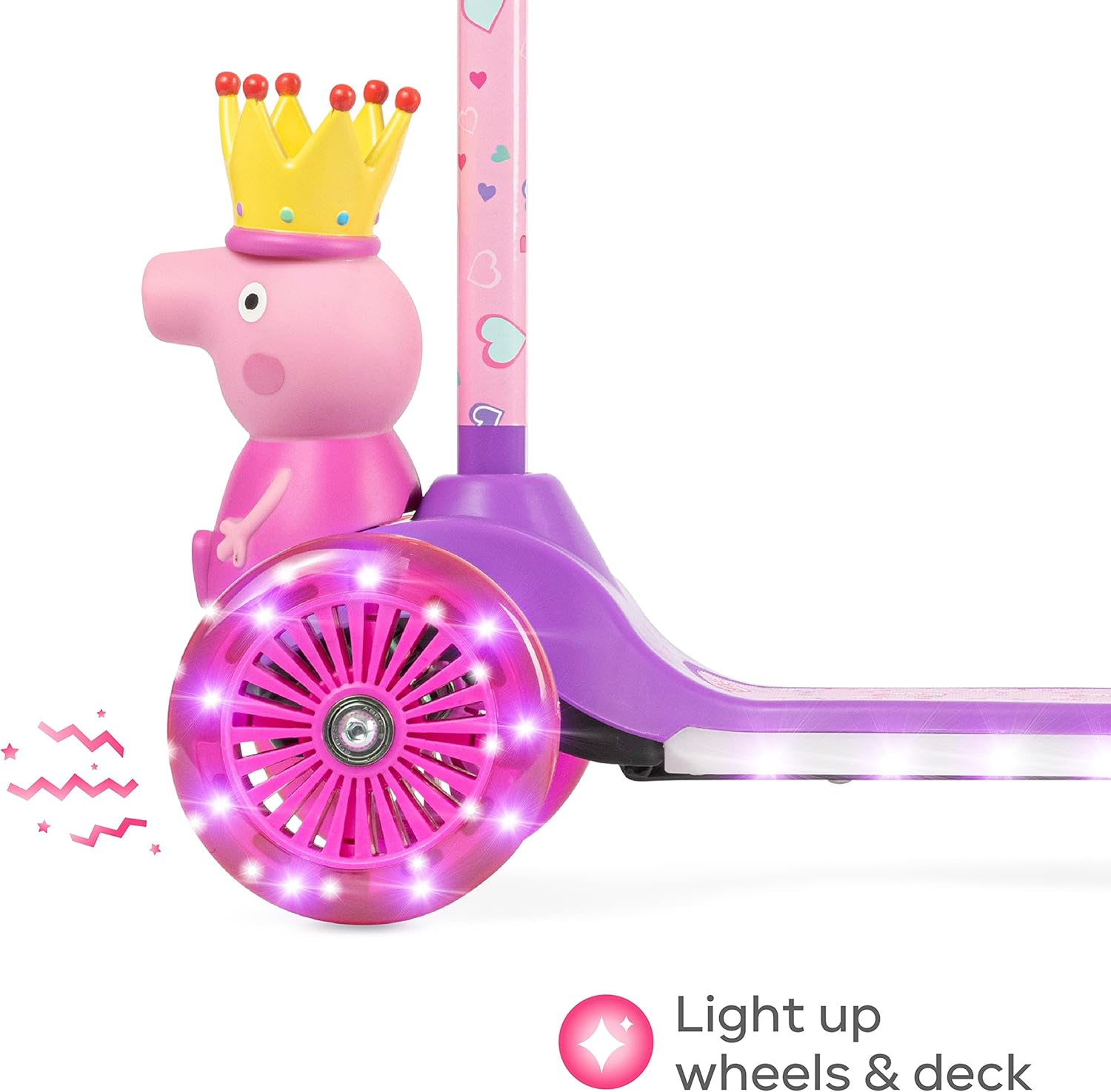 Peppa Pig Kick Scooter for Kids, Self-Balancing 3 Wheeled Light Up Scooter with Extra Wide Anti-Slip Deck, Rear Brake, Lean to Steer, Lightweight Design, for Kids 3 and up, 75 LB Limit