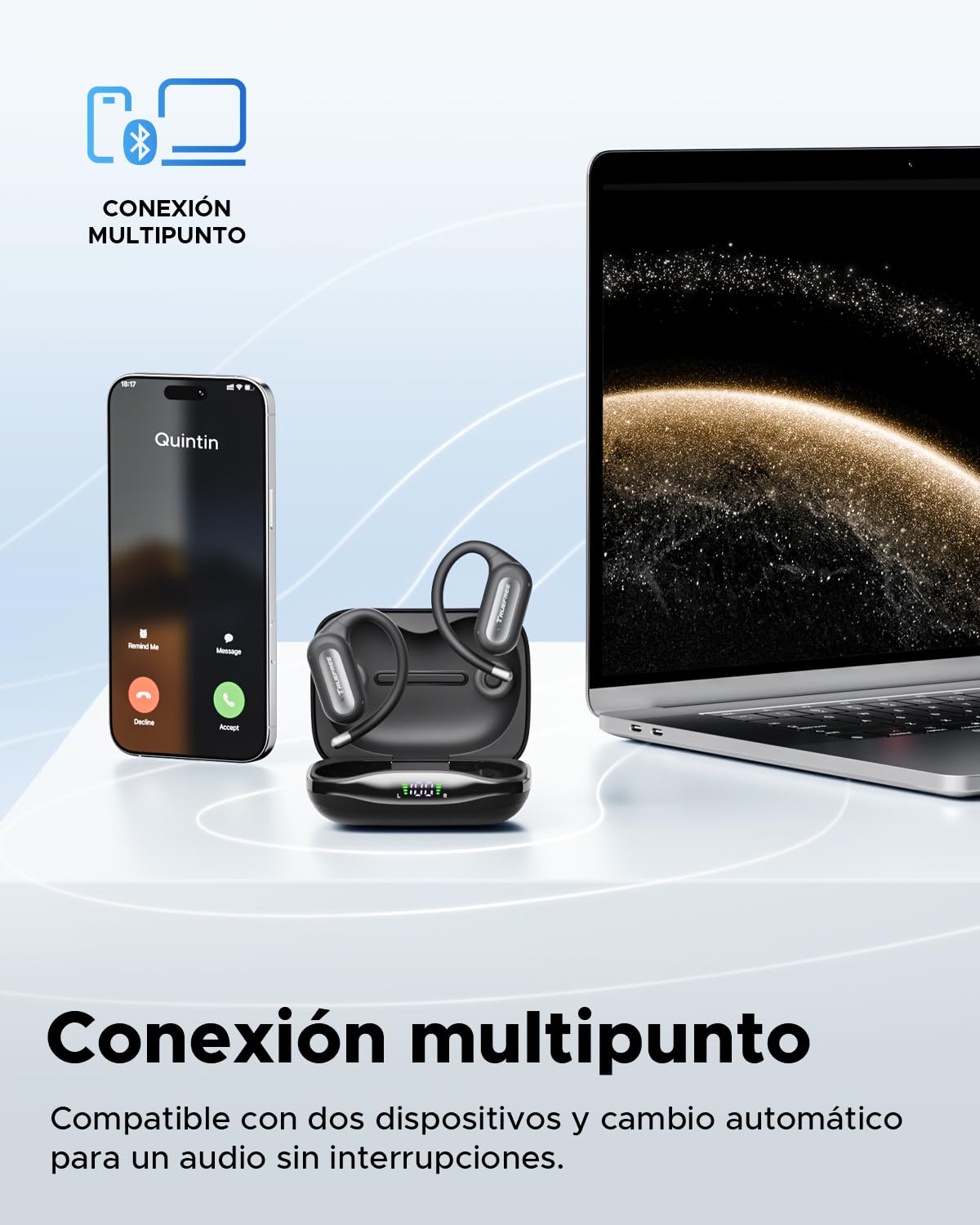truefree DS1 Auriculares Inalámbricos, Audífonos Abiertos Bluetooth 6.0, Sonido Espacial, 4 Micrófonos para Llamadas, 40H de Reproducción, Carga Rápida, Conexión Multipunto, Resistencia al Agua IPX5