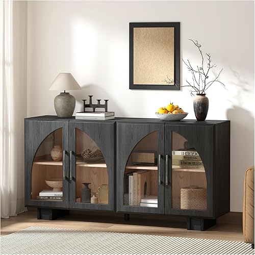 Sideboard Buffet Cabinet with Storage,63” Modern Accent Console Cabinet with Glass Doors,Arched Credenza Storage Cabinet with Adjustable Shelves for Entryway,Kitchen,Black