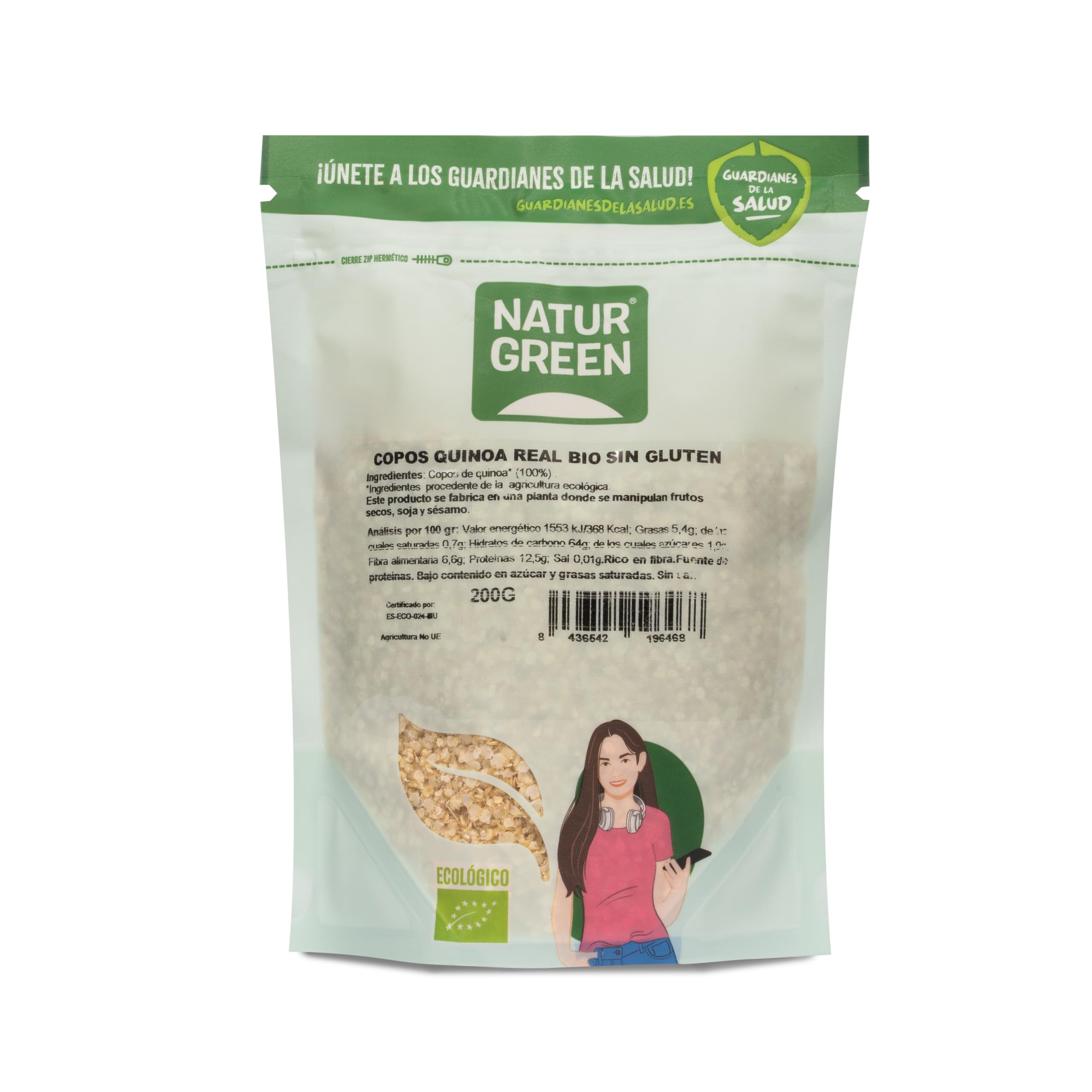 NaturGreen - Copos de Quinoa Real, Granos Quinoa Bio, Sin Gluten, Rica en Poteínas, Vitaminas B, C y E - 200 g