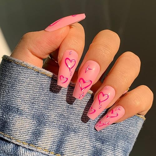 Miniatura 3 de Uñas francesas a presión para el día de San Valentín, longitud media, cuadradas, arte de uñas falsas, corazón rosa, diseño romántico, uñas