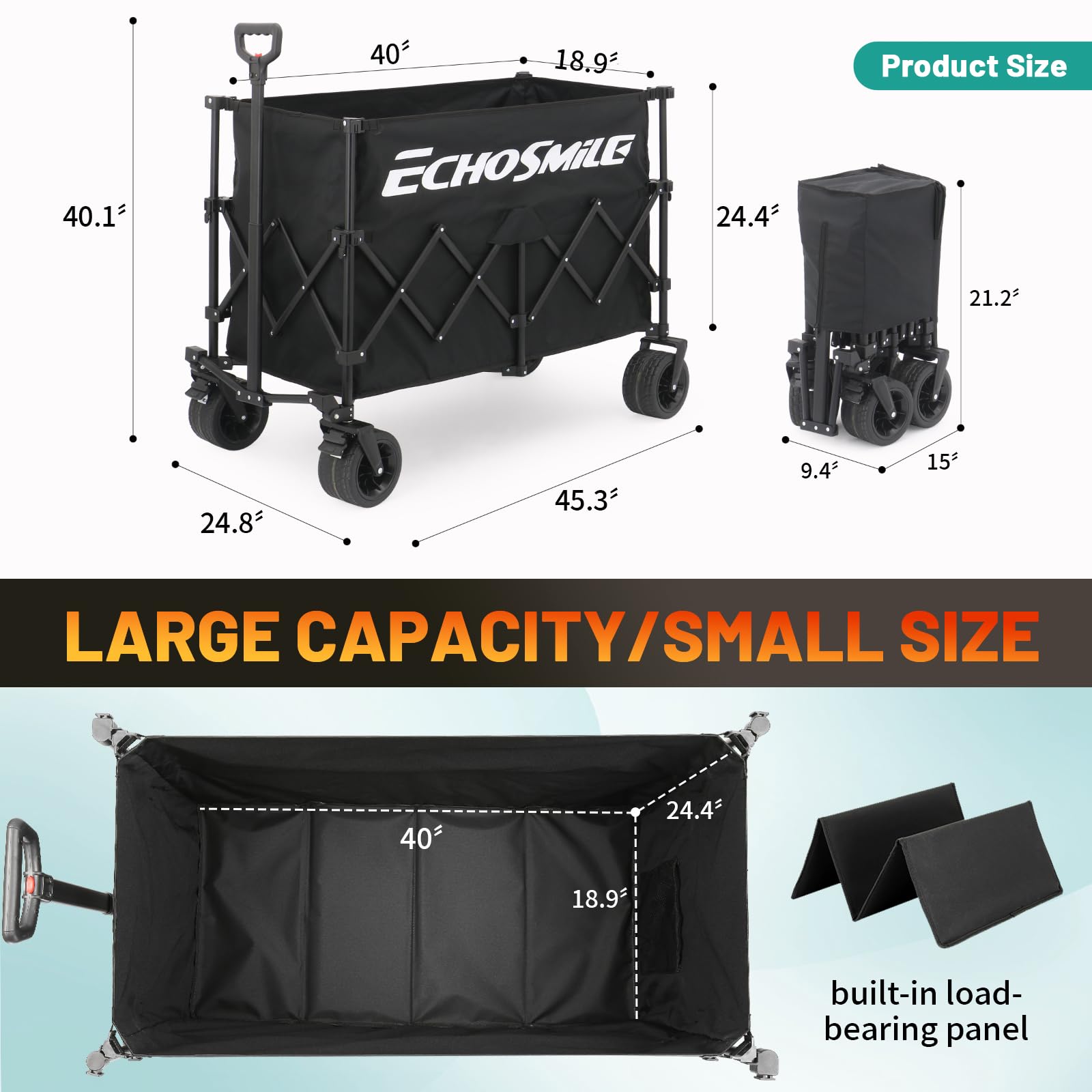 EchoSmile XXXXL Chariot Pliable 300L 227KG, Version Plus Haute du Chariot de Plage avec Grandes Roues Tout-Terrain, Le Camping, Jardin & Les Courses, Noir