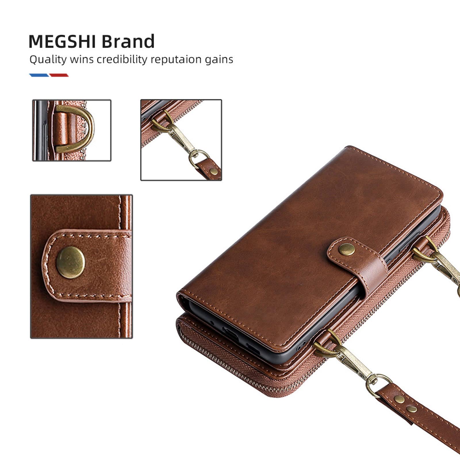 Etui do iPhone 14 / 14 Pro / 14 Plus / 14 Pro Max, klapki, zamek błyskawiczny, etui na telefon komórkowy, przegródka na karty, magnetyczne, odporne na zarysowania, brązowe, 14 Pro 6,1"