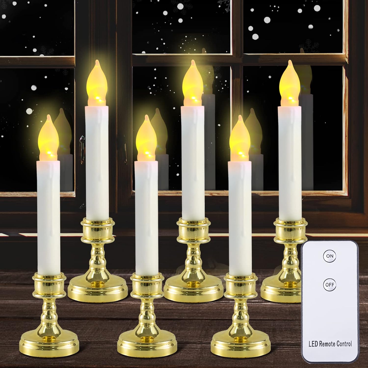 Homemory LED Battery Operated Window Candles with Remote, Flameless Taper Candles Flickering Warm Yellow Light with Holders, Battery Operated Candlesticks for Home Fireplace Christmas or Halloween