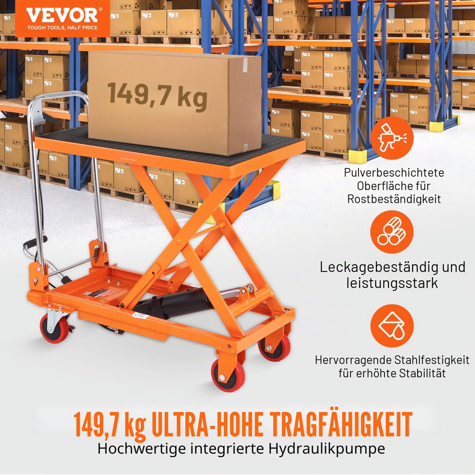 VEVOR Scherenhubtisch hydraulisch 150 kg Tragfähigkeit Hubtischwagen 220–720 mm Hubbereich Hubtisch Werkstatt 700 x 450 mm Plattform Scherenhubwagen Einzelschere für Fabriken Lagerhäuser Supermärkte