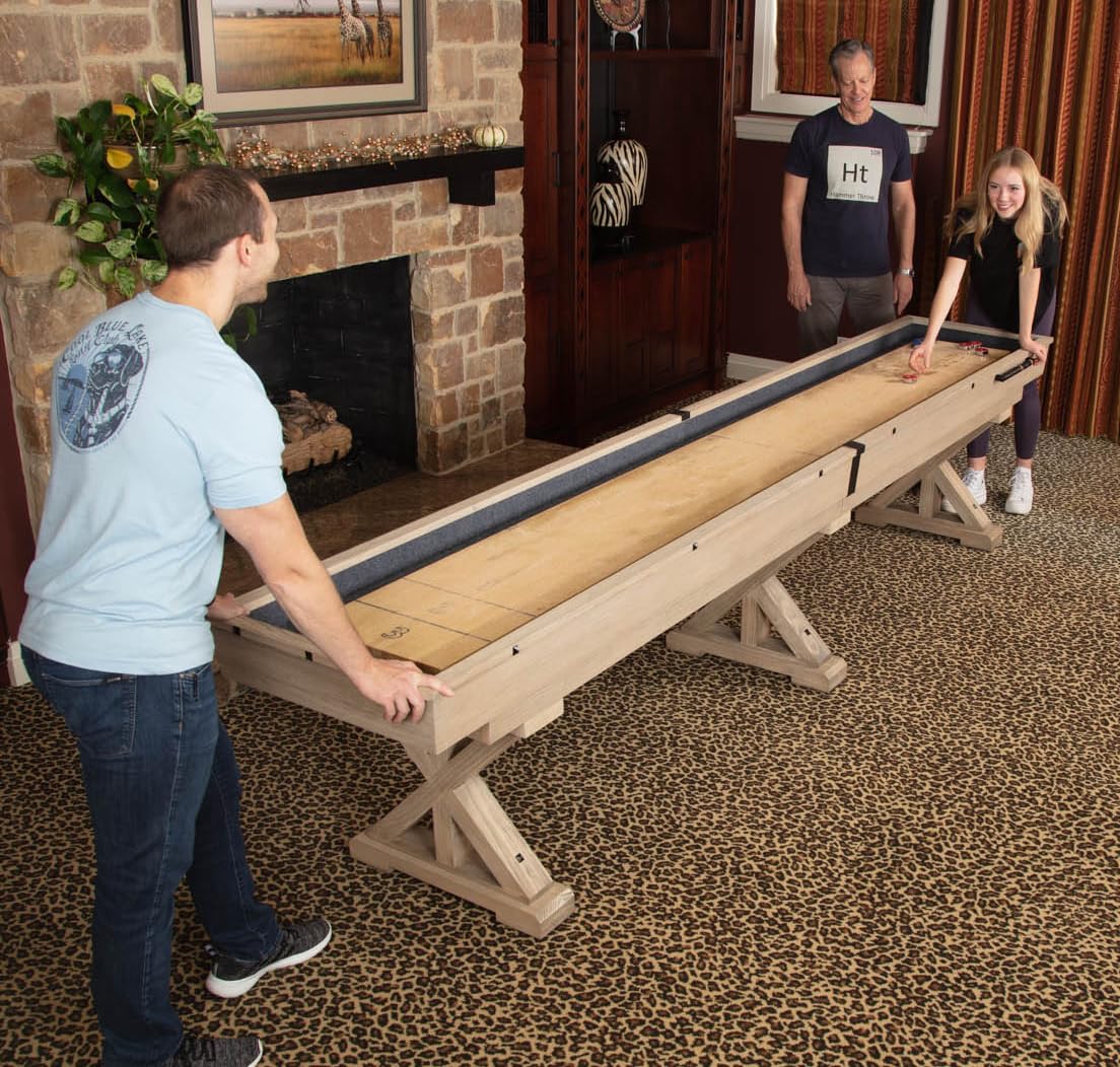 12 FT Shuffleboard Table Multi Game Solid Wood Game Tables for Game Room Includes Bonus Bowling Pin Set & More. Comes in 2 6' Pieces Goes Around Stairs & Hallways (Rustic Oak with Table Top)