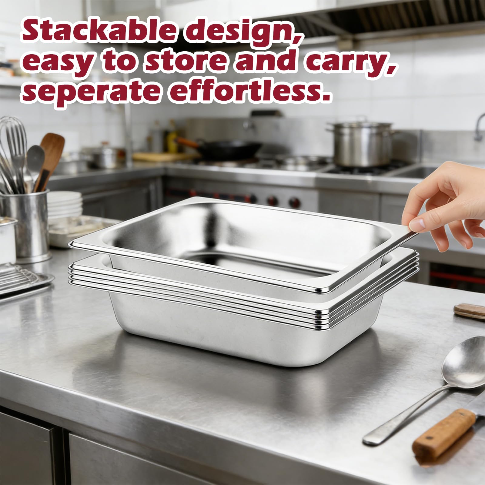 Paquete de 4 sartenes Gastronorm de 1/2 con tapas, 325 x 265 x 65 mm, recipientes de acero inoxidable para alimentos, 6,5 cm de profundidad, 1/2 GN, bandeja para cocina, hotel, restaurante