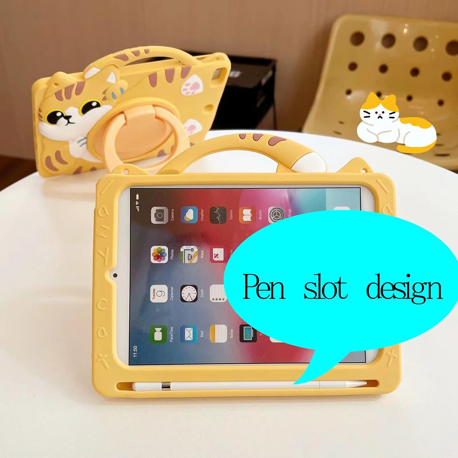 3D Cute Vivid Cat Case for iPad 10th Generation (2022) 10.9 inch/iPad (A16) 11th 2025 11 inch,Cartoon Character Pretty Cat Soft Silicone Rotating Stand Case with Lanyard for Kids Teens Girls Women