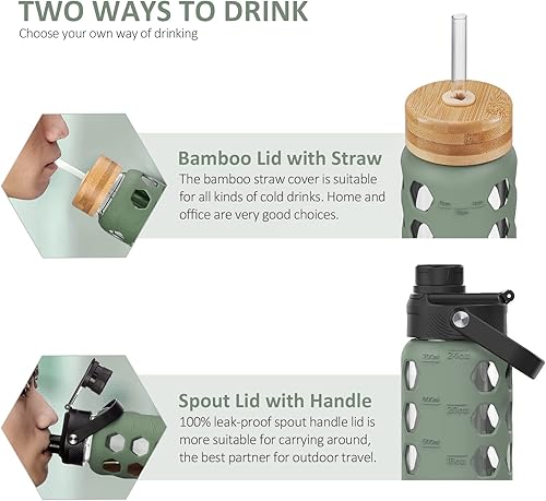 Miniatura 10 de MUKOKO Botella de agua de vidrio de 24 onzas con 2 tapas, tapa abatible y tapa de popote de bambú, vaso de agua motivacional con recordatorio de