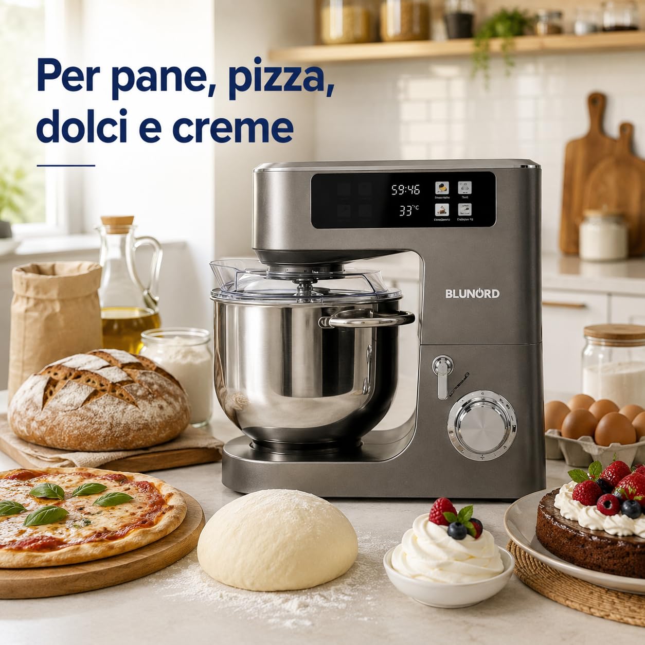 Planetaria 8 Litri BLUP4975 DELUXE, Impastatrice Planetaria 2100W con Bilancia Integrata, Display Touch a Colori, 12 Velocita, Fermentazione 25-45 C, Ciotola Inox e 3 Accessori