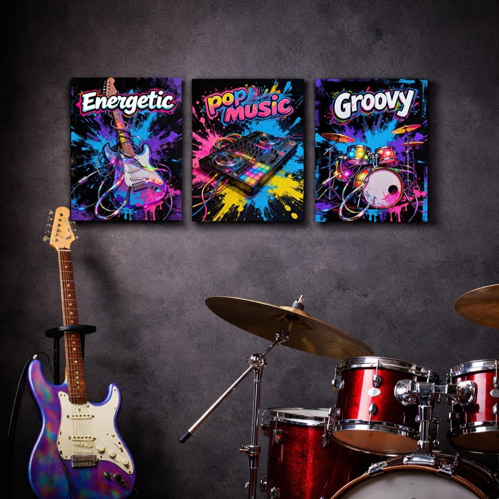 Artiluxy Set of 3 Neon Style Pop Art Music Canvas Prints, 12x16 Inch Guitar DJ Drum Artwork on Stretched Canvas for Bedroom or Studio Decor