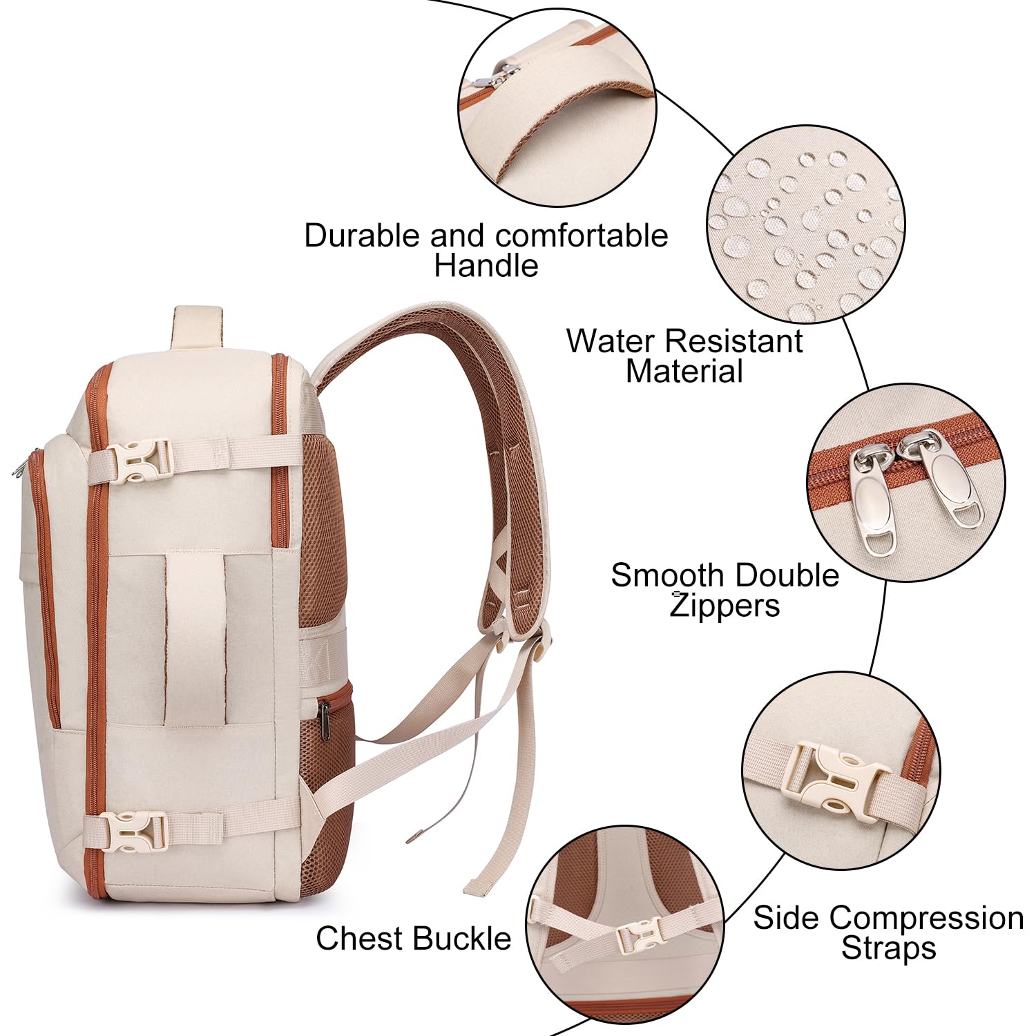 ENZOSUM Zaino Easyjet 45x36x20,Bagaglio a Mano easyjet 45x36x20 Zaino da Viaggio per Donna 30L Borsa da Cabina per Voli Porta PC 15.6 Pollici per Scuola Lavoro Trekking Beige