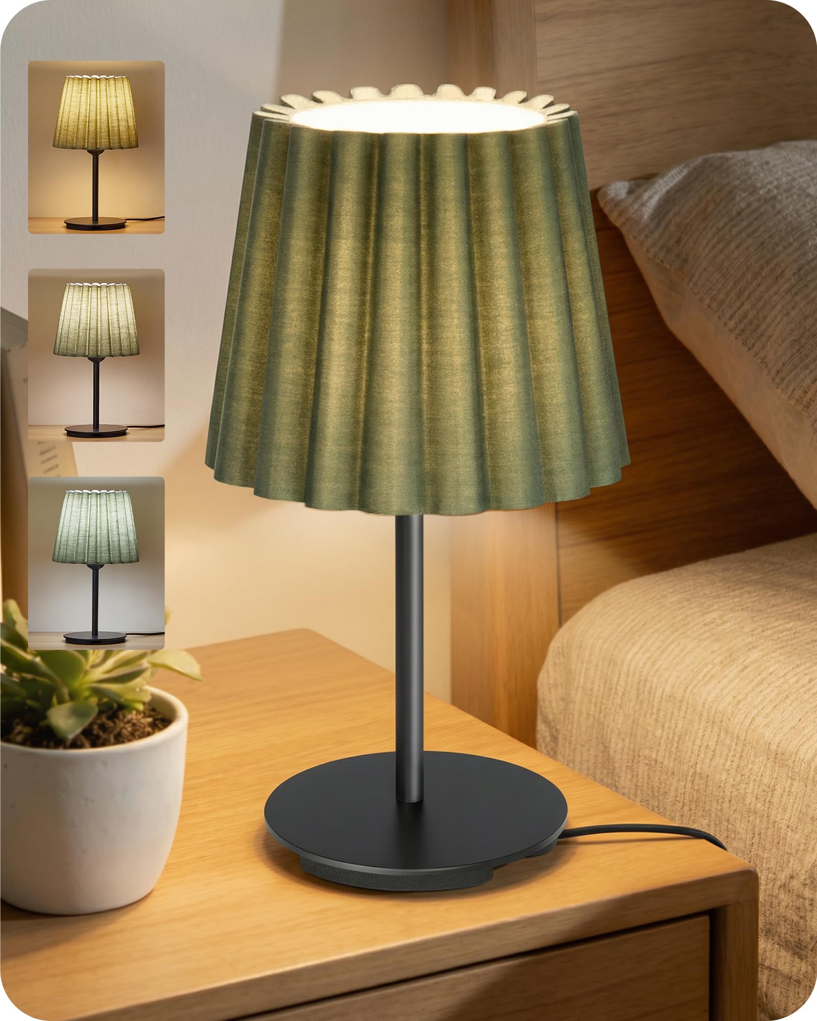 GOEBLESON Nachttischlampe Grün und Schwarz, Tischlampe mit Kabel, Fensterbank Lampe mit E27 Birnen, 3 Farbtemperaturen, für Nachttisch, Schlafzimmer, Wohnzimmer, Hotel, ZJ15TLD05