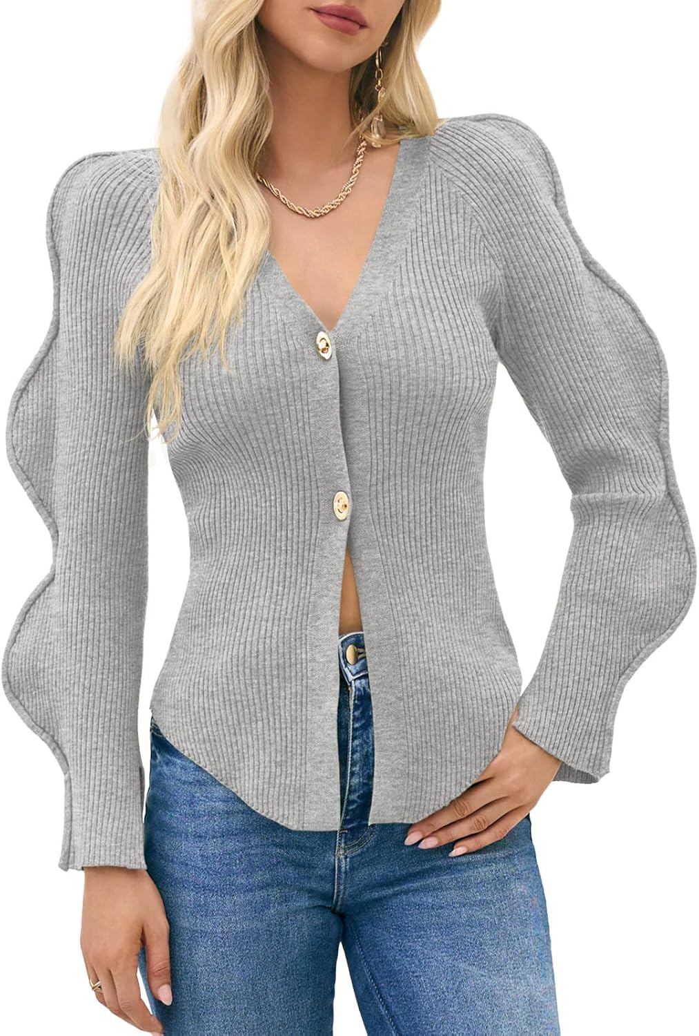 Saodimallsu Womens Button Up Cardigans V Neck Ribbed Knit Fitted Sweaters Long Sleeve Trendy Split Going Out Tops