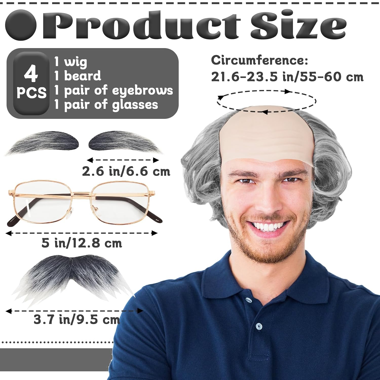 Old Man Bald Cap,Short Grey Bald Cap with Side Hair,Grandpa Wig with Glasses Mustache Eyebrows for Mens Halloween Cosplay Costume