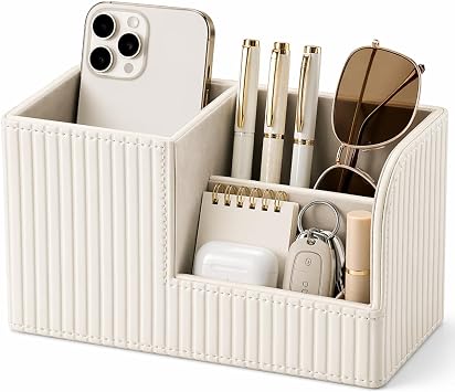 KINGFOM Desk Pen Organizer Office Supplies Caddy Pu Leather Multi-function Storage Box Pen/Pencil,Cell phone, Business Name Cards Remote Control Holder Ivory White