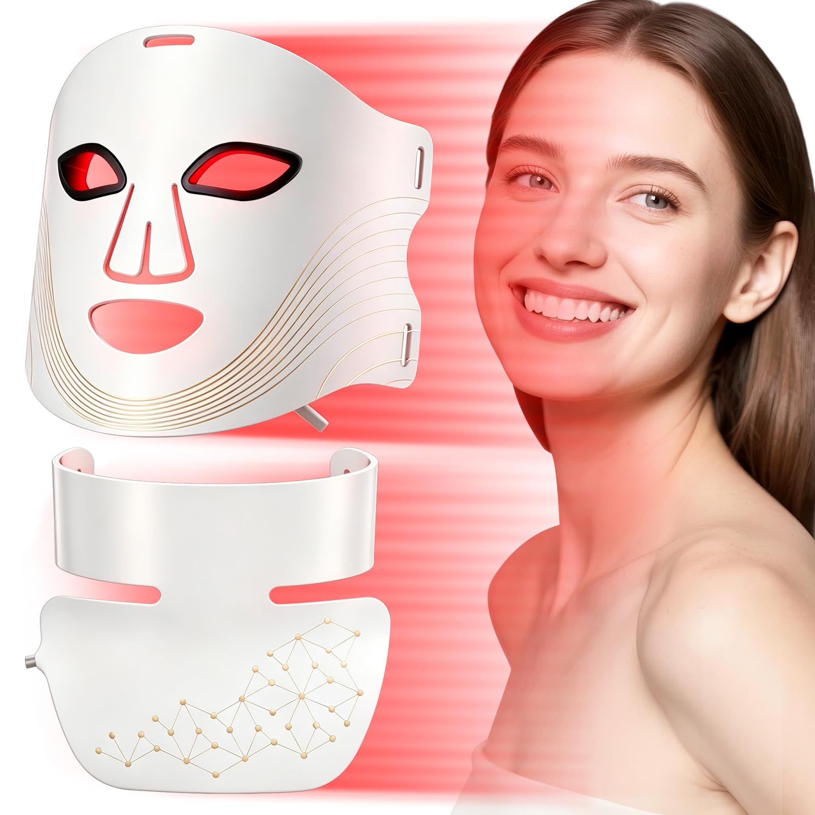 LED Lichttherapie Gesichts und Halsmaske, LED Maske Gesicht für Gesicht und Hals mit Infrarotlicht Funktion, Anti-Aging, Akne & Hautstraffung, 3 Helligkeitsstufen, Rote Lichttherapiemaske für zu Hause