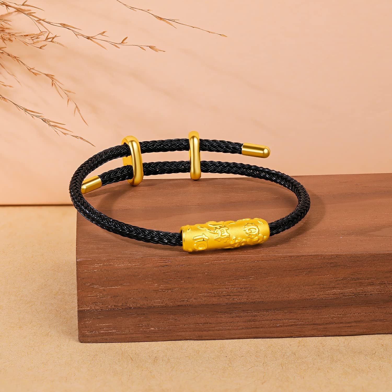 24K Gold Bracelet Blessing Charm Bracelets Adjustable Black Chain Lucky Bead Link Trendy Protection Charms Dainty Bangle Good Luck Cuff Stackable Beads Bangles Feng Shui Real Gold Gifts for Men Women