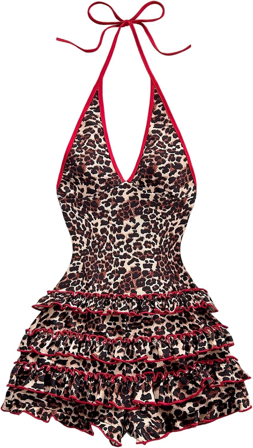 SOLY HUX Women's Leopard Halter Rompers Y2k Cheetah Print Sexy V Neck Sleeveless Layered Ruffle Short Jumpsuit Clubwear
