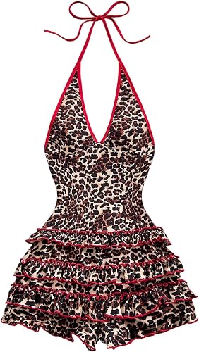 SOLY HUX Women's Leopard Halter Rompers Y2k Cheetah Print Sexy V Neck Sleeveless