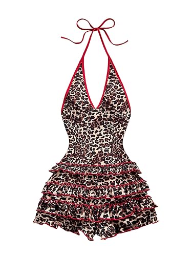 SOLY HUX Women's Leopard Halter Rompers Y2k Cheetah Print Sexy V Neck Sleeveless Layered Ruffle Short Jumpsuit Clubwear - X-Small - Multicoloured Leopard