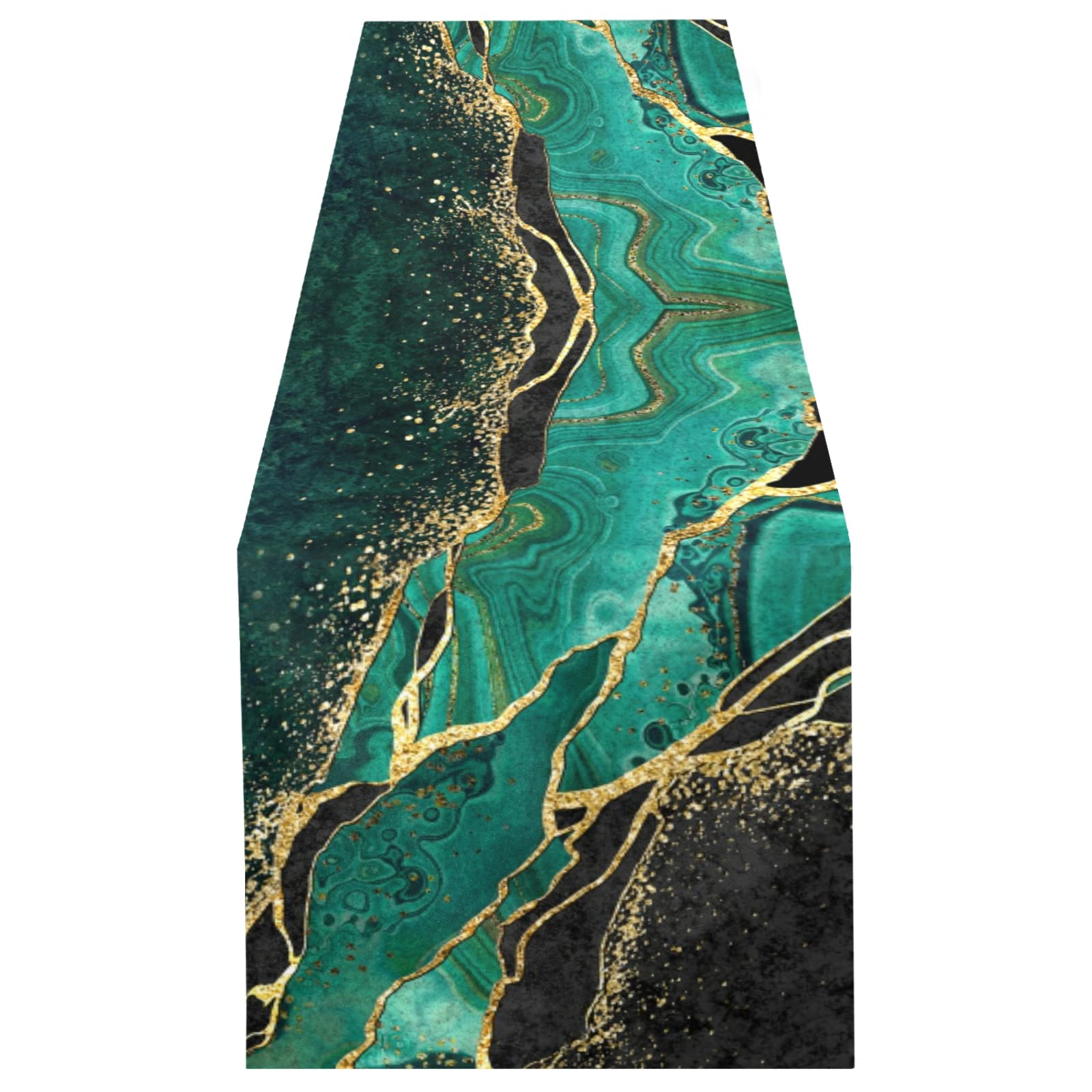 Black Teal Marble Green Malachite with Golden Veins Gold Spots 18" X 72" Rectangle Table Runner Long Tablecloth Placemat for Party Home Decor Indoor Outdoor Office Kitchen Dining Wedding