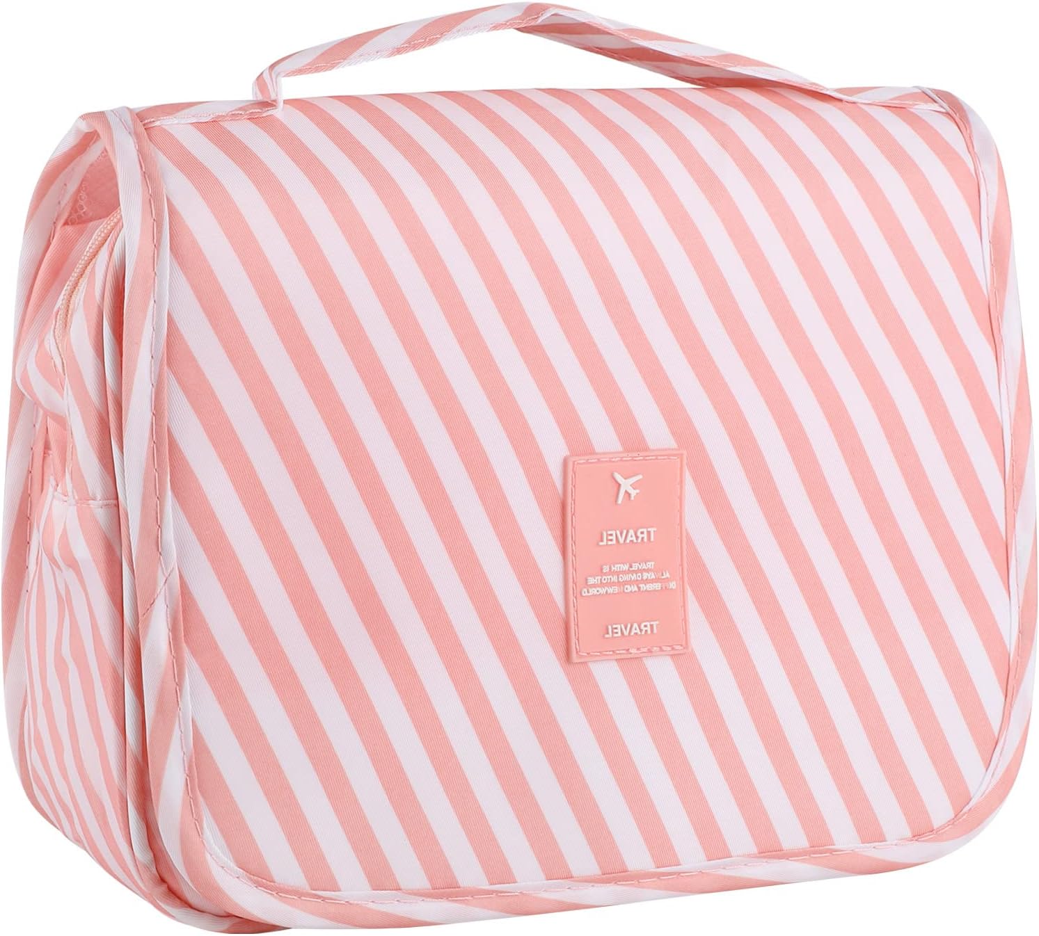 Hanging Toiletry Bag for Women, Portable Cosmetic Travel Makeup Bag, Floral | 4 compartments, hanging hook, blue summer beach bag, waterproof nylon, fold-out design, white pink floral, 9.4x6.8 in folded