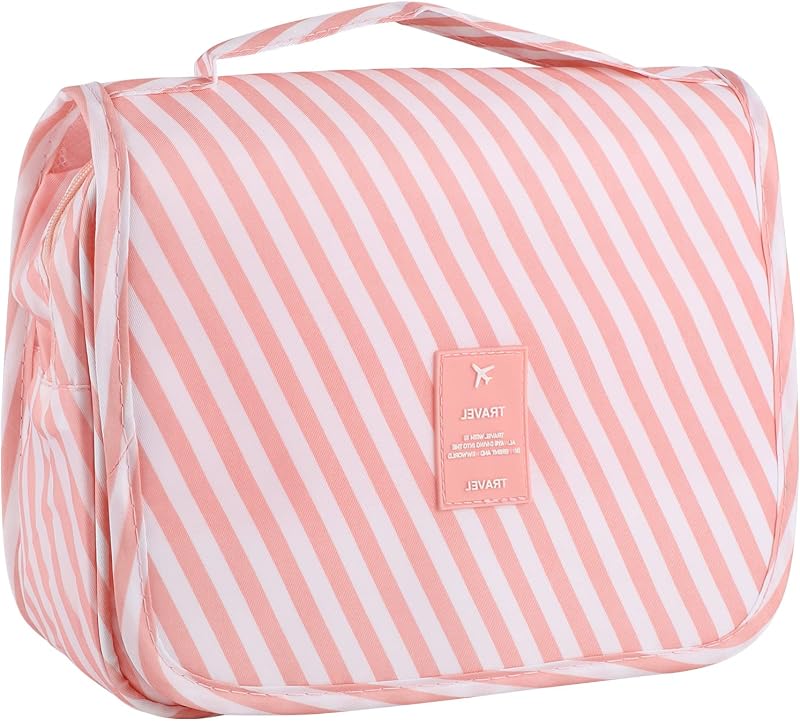 Necessaire suspensa Pengxiaomei rosa com listras, gancho e divisórias